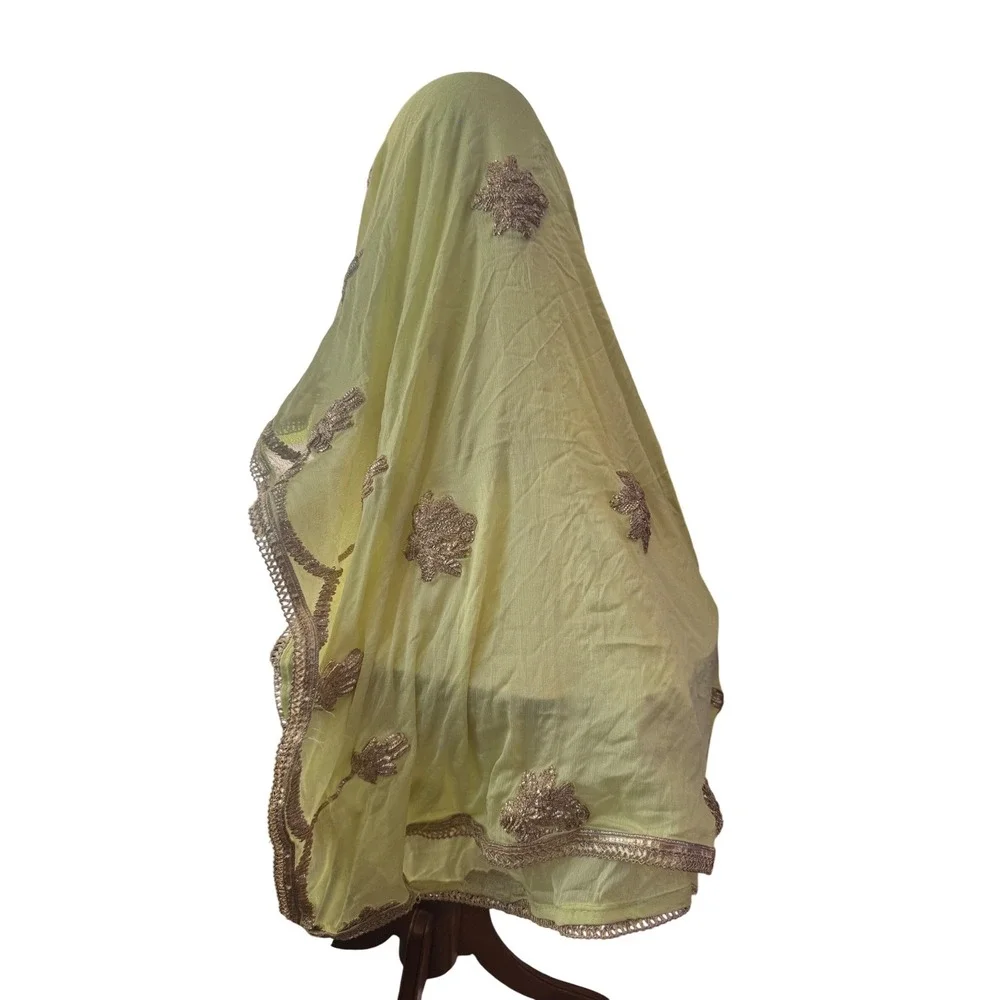 Yellow Gold Embroidered Dupatta Scarf Metallic Lace Wrap Vintage 32x80